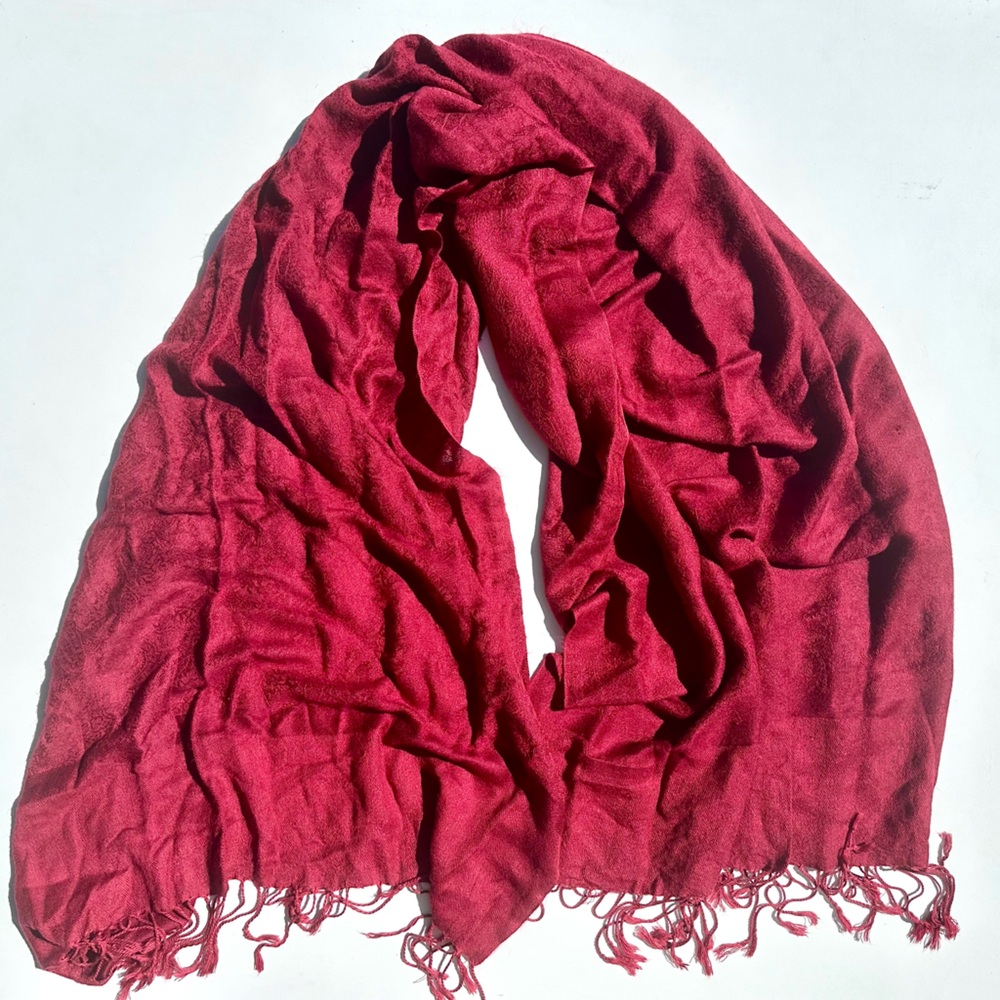 100% Pashmina Paisley Jacquard Red Burgundy Shawl Scarf, 68”x27”